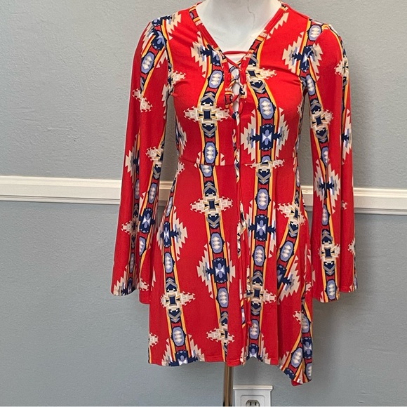 FREE PEOPLE LOVE SPELL Red Tribal Geometric Women’s Long Sleeve Medium Dress - Picture 2 of 15